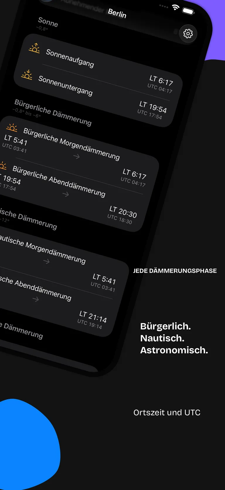Civil Twilight zeigt bürgerliche, nautische und astronomische Dämmerung