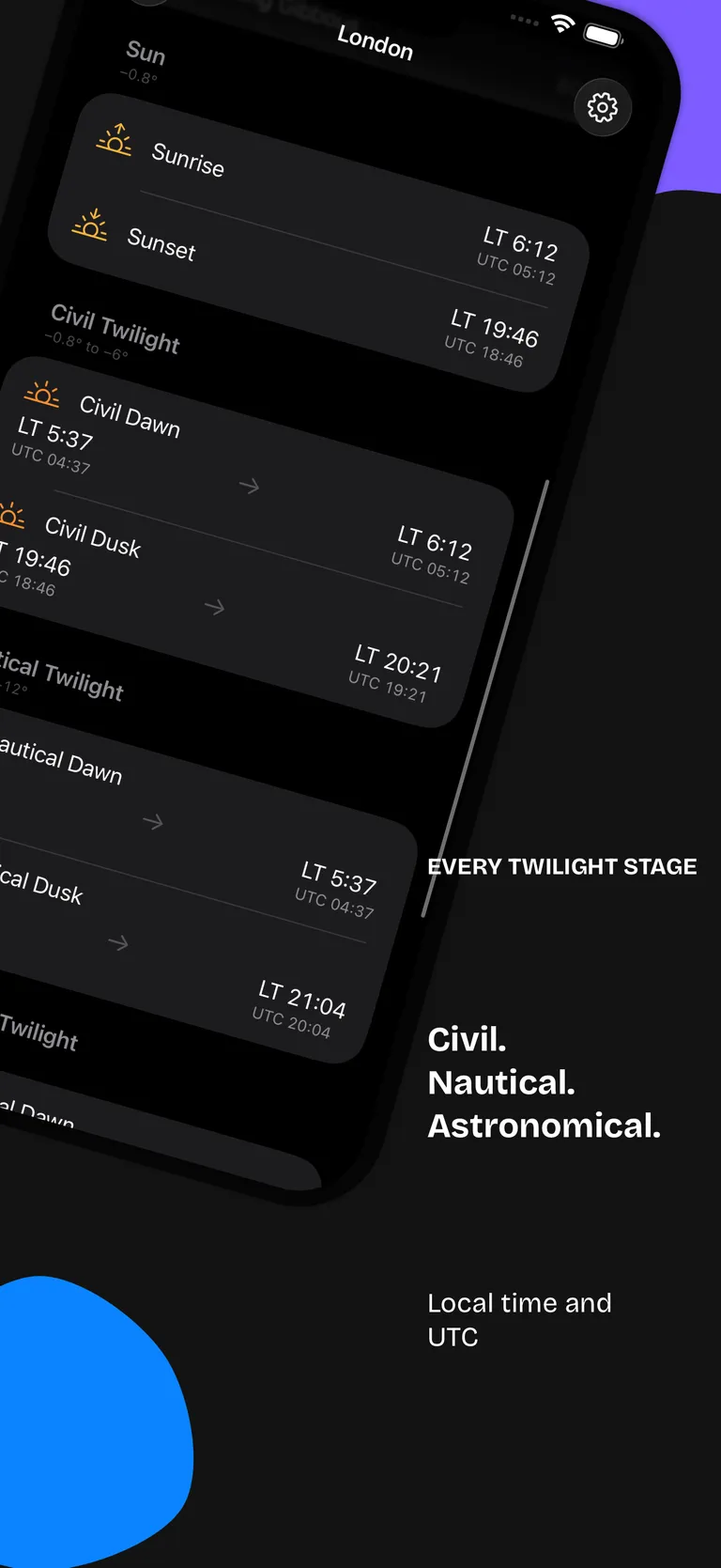 Civil Twilight showing civil, nautical and astronomical twilight stages
