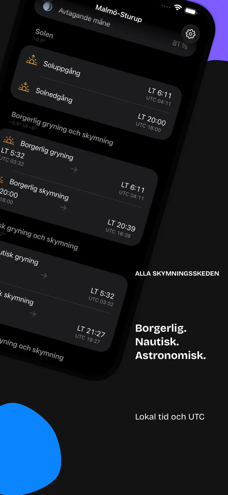 Civil Twilight visar borgerlig, nautisk och astronomisk skymning