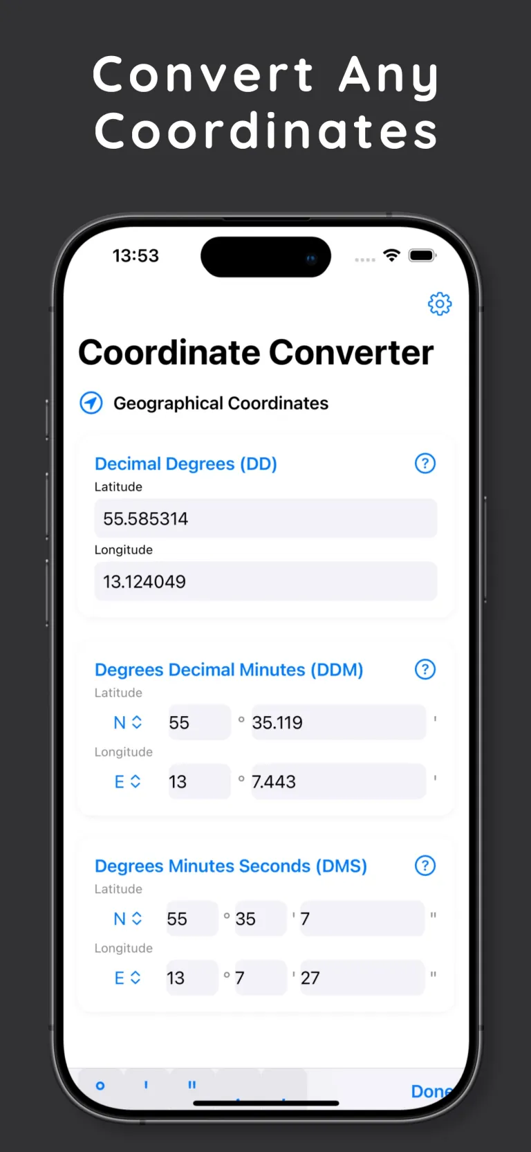 CoordTool converts decimal degrees to DDM and DMS coordinates on iPhone