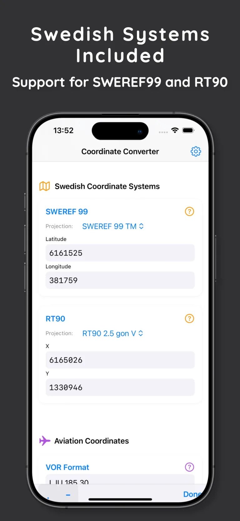 CoordTool converts Swedish SWEREF99 and RT90 coordinate systems
