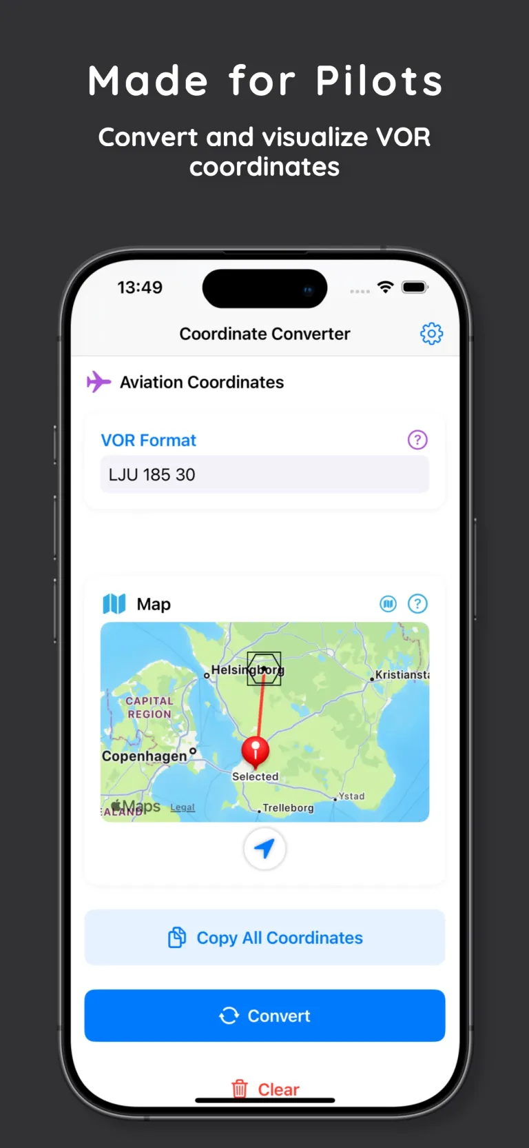 CoordTool visualizes VOR aviation coordinates on a map