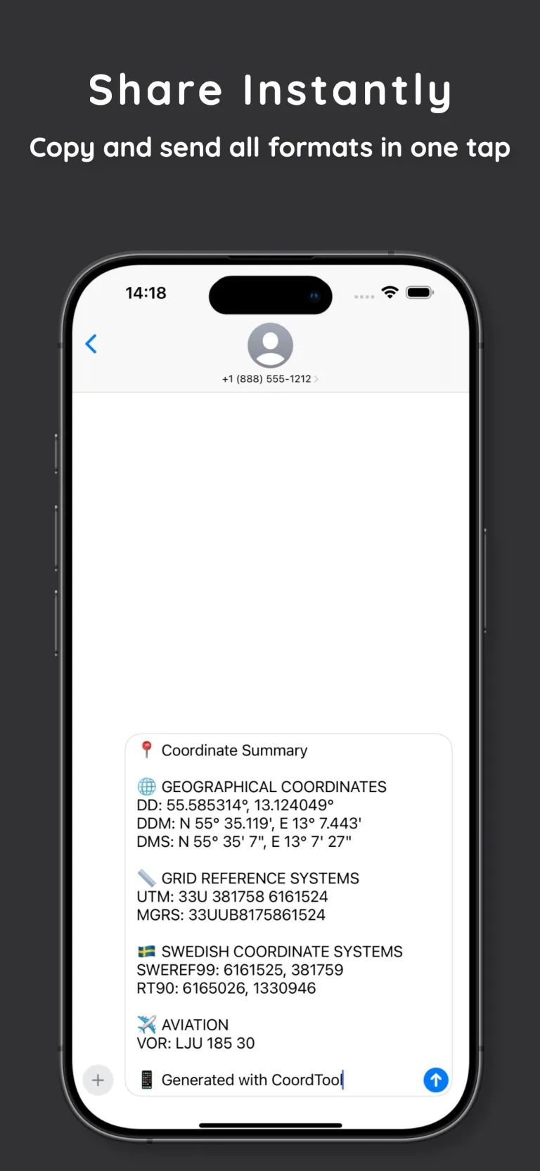 CoordTool shares a coordinate summary with DD DMS UTM MGRS SWEREF99 RT90 and VOR formats