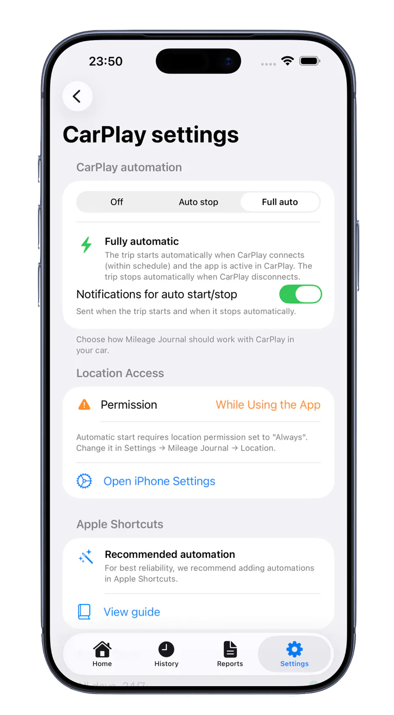 Mileage Journal CarPlay automatic trip start and stop settings