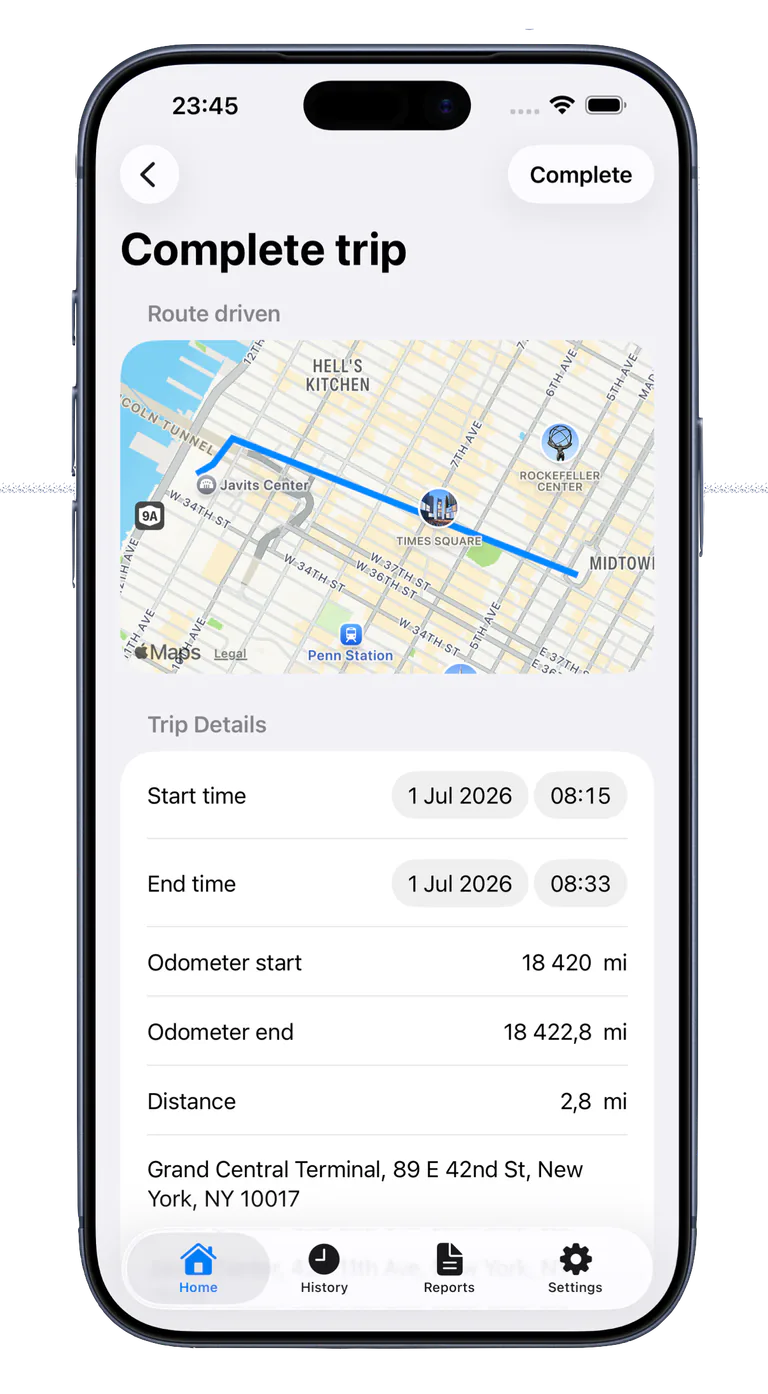 Completing a US business trip with mileage and odometer readings