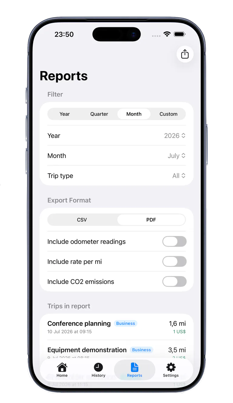 Mileage Journal report filters and PDF or CSV export options