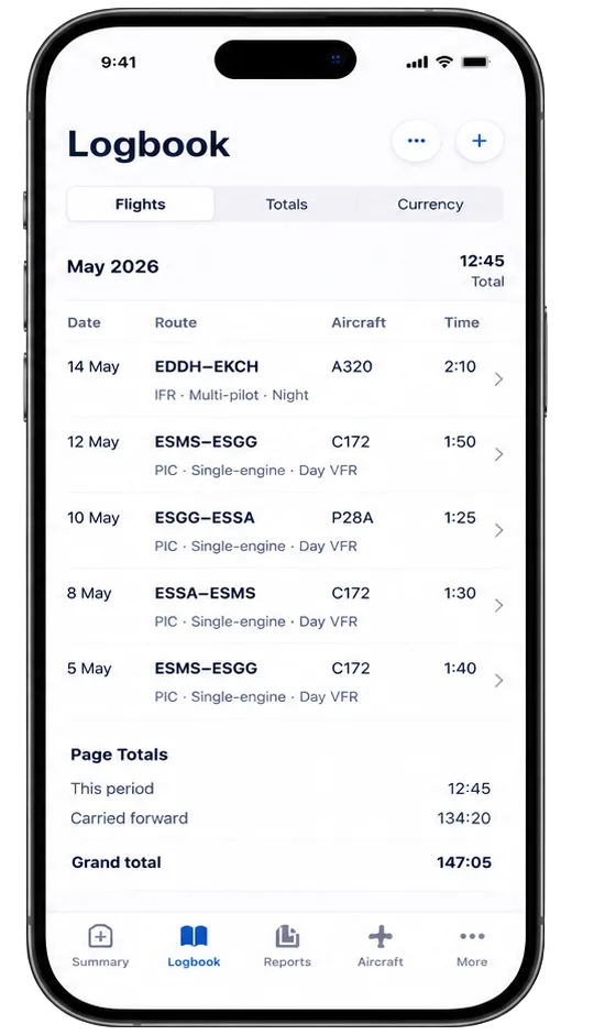 Pilot Logbook shown on iPhone