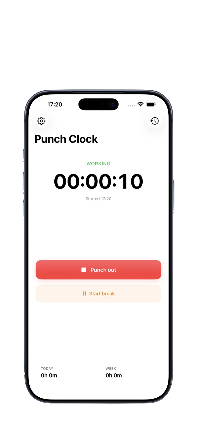Punch Clock app screen showing work shift details and breaks on iPhone