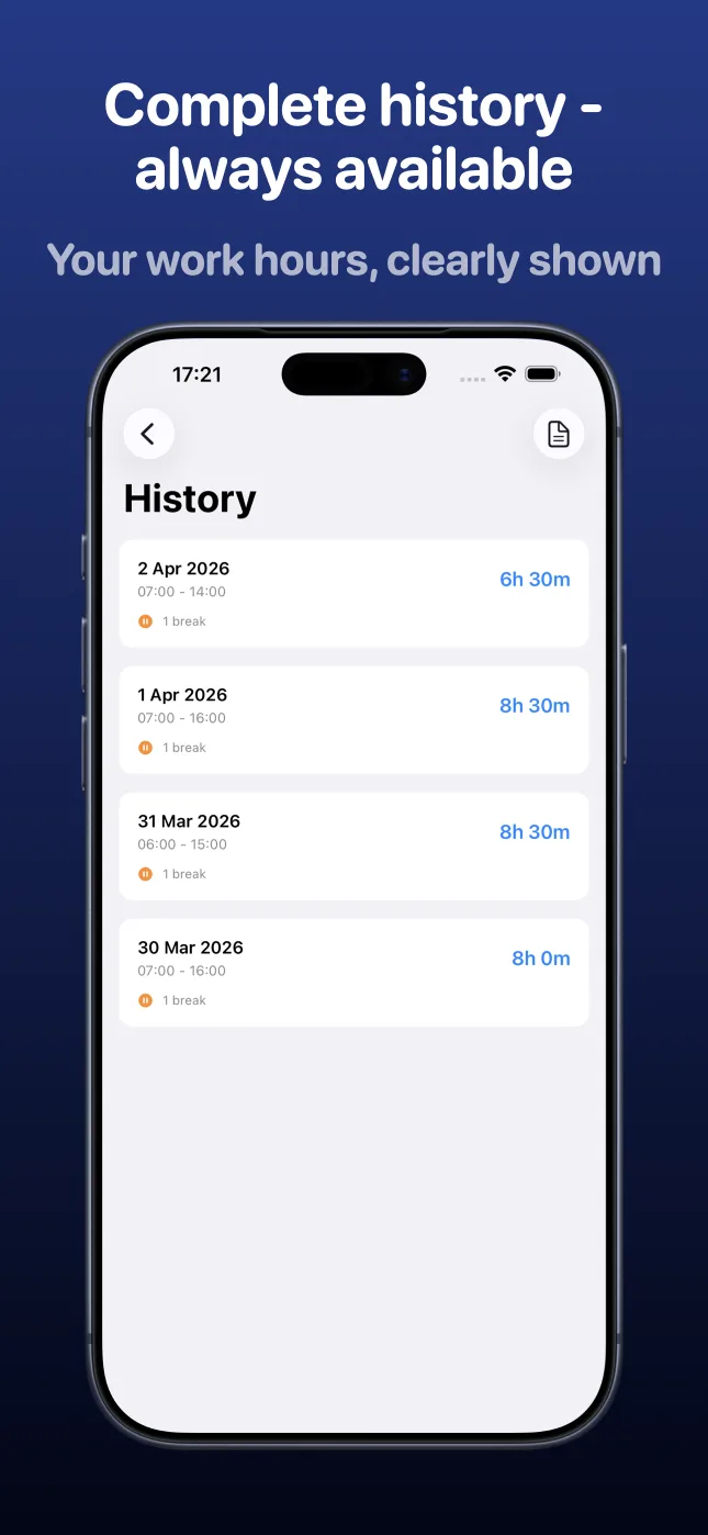 Punch Clock shift history screen on iPhone
