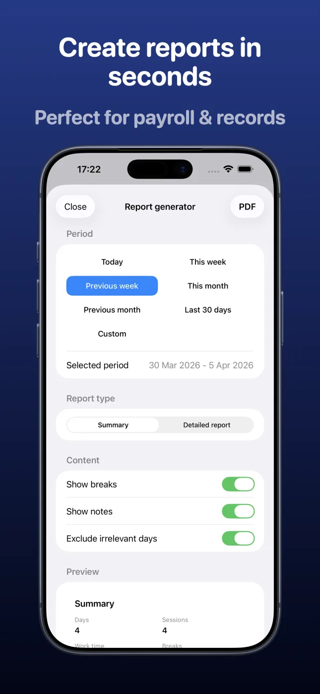 Punch Clock report options screen on iPhone